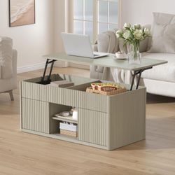  39.3" Fluted Lift Top Coffee Table, Large Storage Compartment, Adjustable Shelves-Light Grey Oak