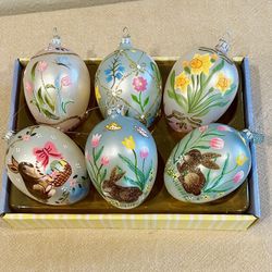Set of 6 Dept 56 Hand Painted Glass Easter Egg Ornaments