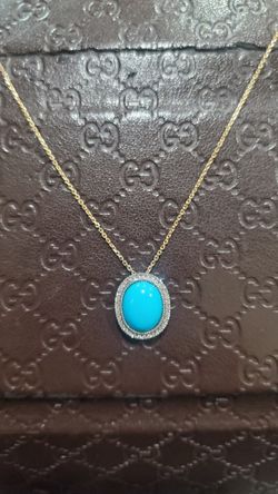14k White & Yellow Gold And Natural Diamond Turquoise Necklace 