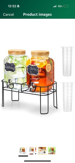 2 Pack 1 Gallon Glass Drink Dispenser with Bamboo Lid, Beverage Dispenser with Stand, Drink Machine for Lemonade, Iced Drinks Kombucha Dispenser 