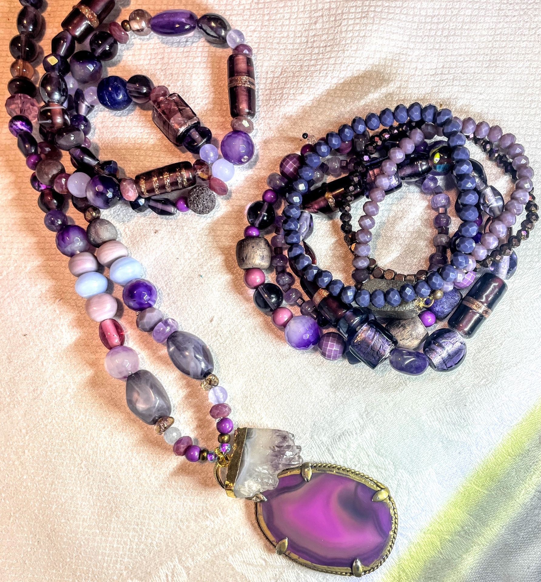Amethyst Glass And Stone Breaded Necklace And Bracelets