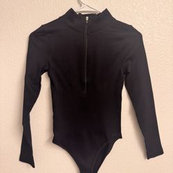 Black  Long Sleeve Zip Front One Piece Bodysuit  Women's Size Small 