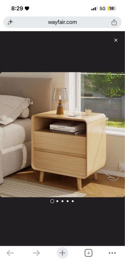 Mid Century Modern Nightstand with Charging Station, Wood Bedroom End Tables Set of 2 with Drawers, Bedside Table for Living Room, Curved Profile Desi