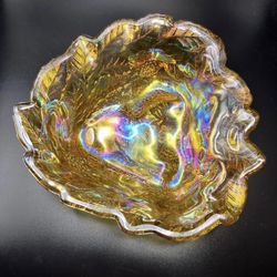 Vintage Carnival Glass Amber Rainbow Iridescent Berry & Leaf Dish Bowl