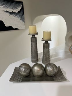 Silver Decorative Candles, Tray & Balls