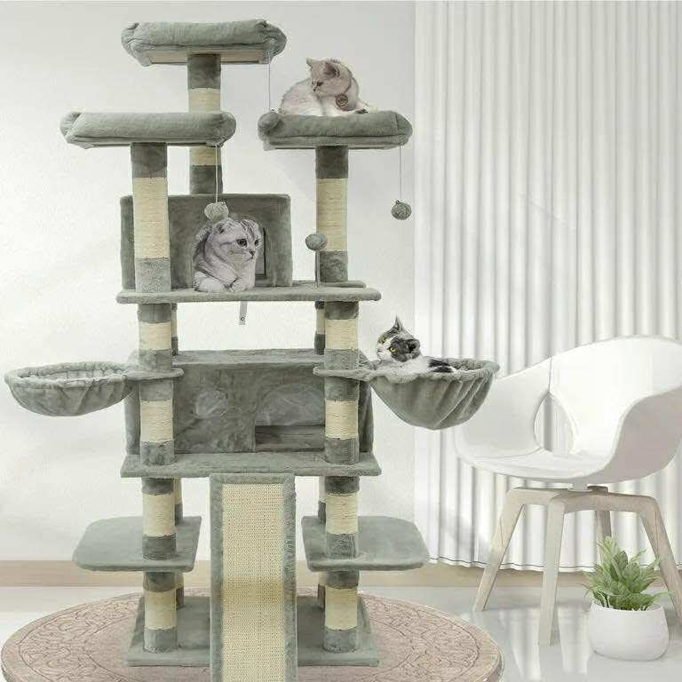68" Large Cat Tree, Multi-Level Cat Tower with Sisal Scratching Posts, Cat Activity Center Cat Play House, Grey