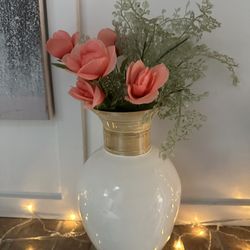 White & Natural Decorative Vase W Faux 🌸Pink Flowers 