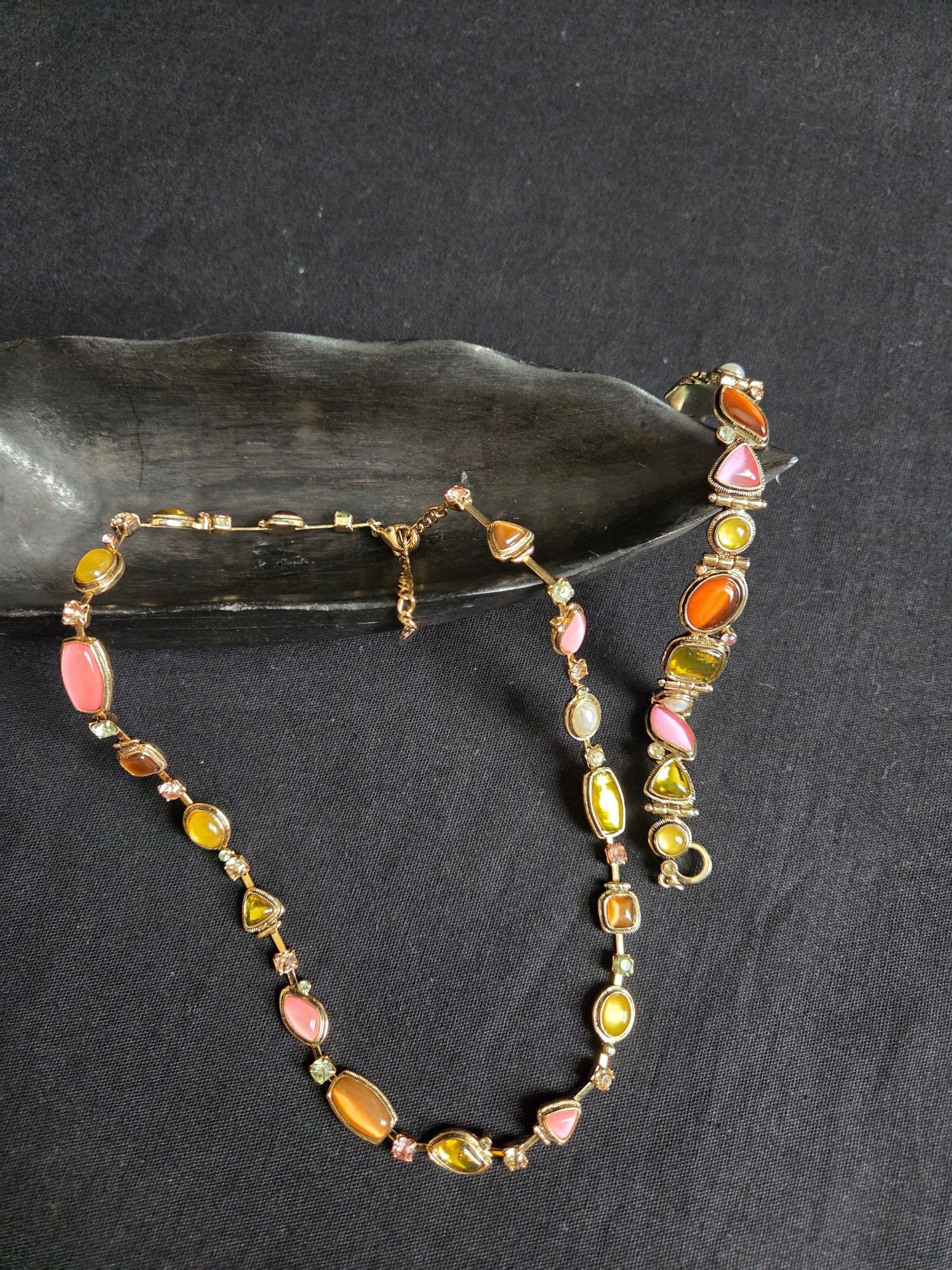 Vtg Carolina Herrera(CH) Cabochons & Rhinestone Necklace(18") & Bracelet(7")