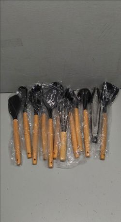 Kitchen Utensils Set - 12 Pcs Silicone Cooking Utensils Set with Wooden Handle - Heat Resistant Non-Stick BPA Free