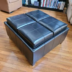 4-Section Storage Ottoman / Coffee Table with Serving Trays – Black Faux Leather