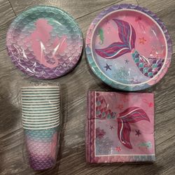 Mermaid Birthday Decorations Include Plates, Napkins, Cups, Cutlery, Banner & Table cover and Foil Balloons for Mermaid Party Decorations, Serve 16