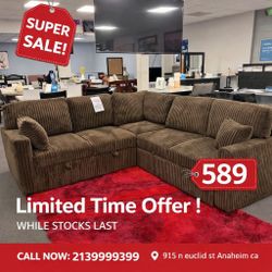 Brown corduroy sectional sleeper sofa with pull out bed  and Usb port 