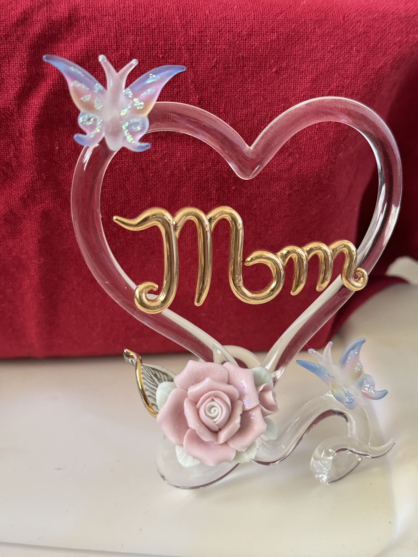 RARE-Glass Baron “MOM” Inside A Heart With Pink Rose On Glass Mirror