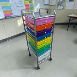 9 Drawer Chrome Rolling Classroom Supplies Storage Drawers 13x15x38in