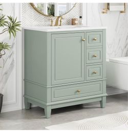 Newly assembled 30" Bathroom Vanity with Top, Ceramic Sink, 3 Drawers and 1 Soft Closing Door with Shelf, Solid Wood Legs, Green