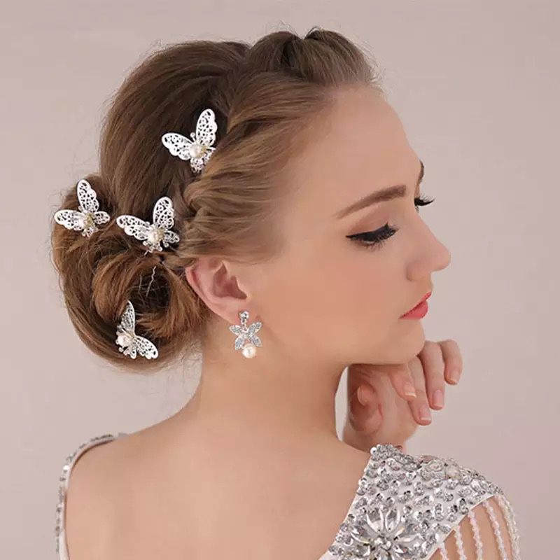 New Wedding Accessories Pearl Hair Jewelry Headwear Charm Silver Plated Butterfly U Shape Hairpin Hair Sticks For Bridal F1608 There are 6 pins for th