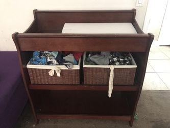 Dark Wood Changing Table w/ Baskets & Changing Pad