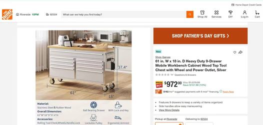 Heavy Duty 9-Drawer Mobile Workbench Cabinet Wood Top