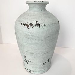 12" Distressed Shabby Chic Aqua Blue Ceramic Vase