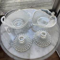Vintage Anchor Hocking Moonstone Bowl, Nappy, and 2 Candle Holders 