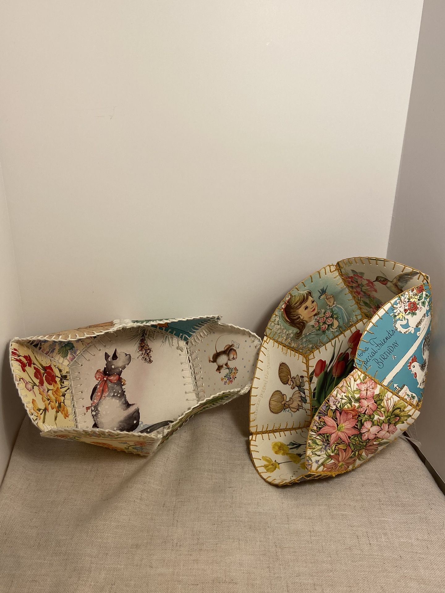 2 vintage handmade basket Basket from MCM greeting cards 60s 70s flowers art box