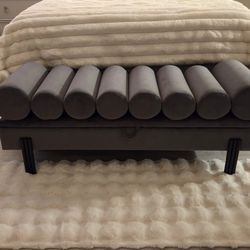 Dark Gray Upholstered Storage Bench with Cylindrical Cushions 53in
