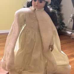 Vintage Porcelain Doll In White Winter Garb With Stand 16”
