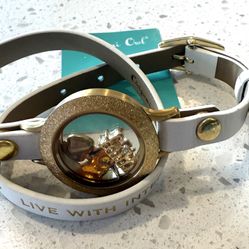 NEW Origami Owl Gold Ivory Leather Bracelet Rhinestone Faith Grateful Thankful  5 floating charms Gift 