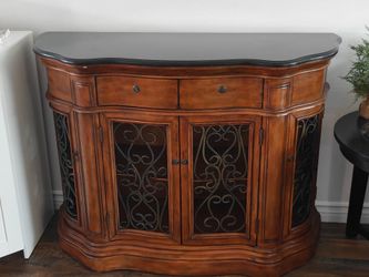 Elegant Wood Console Cabinet with Stone Top & Iron Doors