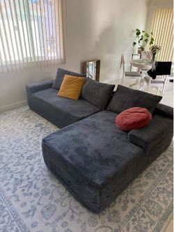 96" Modular L-Shaped Cloud Sofa, Plush Boneless Sectional with Deep Seats Chaise Corduroy Fabric, Grey