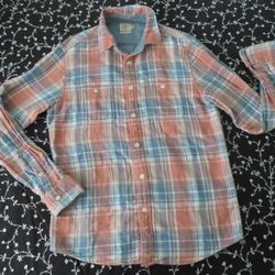 Faherty Men's Stretch Seaview Organic Cotton Flannel Blue Peach Plaid Shirt M