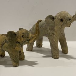 Pair of Vintage Elephant Figurines Hand Crafted Crushed Oyster Shell & Resin Elephant Figures Trunk Up . 