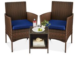 Best Choice Products 3-Piece Outdoor Wicker Conversation Bistro Set, Patio Chat Furniture w/ 2 Chairs, Table -Brown/Navy