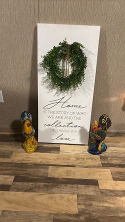 2 Ceramic Chickens And Wooden Picture