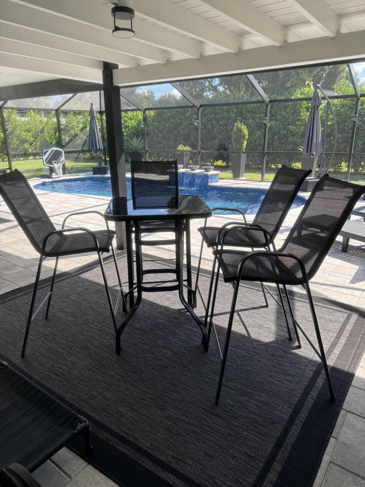 Outdoor Dining Set For 4 Bar Height Black Stools Chairs Table Lanai Patio