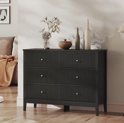 Black 6 Drawer Dresser, Fluted Modern Wood Dresser, Double Chest of Drawers for Bedroom, TV Stand Storage Cabinet for Living Room