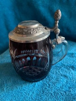 Vintage Ruby Cut Crystal Lidded Beer Stein Tankard