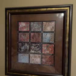 Framed Art Abstract Red, Brown, Blue Patchwork