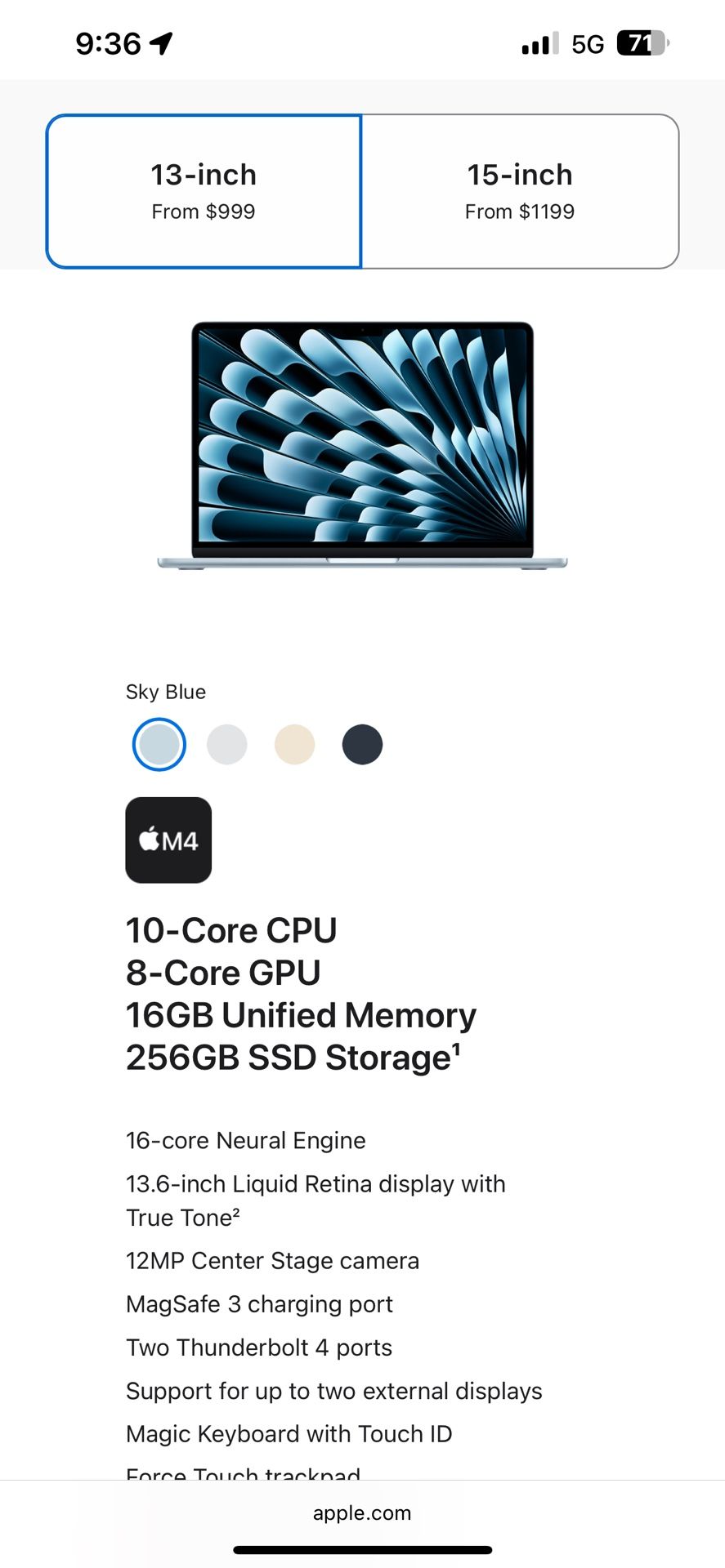 M4 chip 16GB memory 13-inch MacBook Air 256GB storage