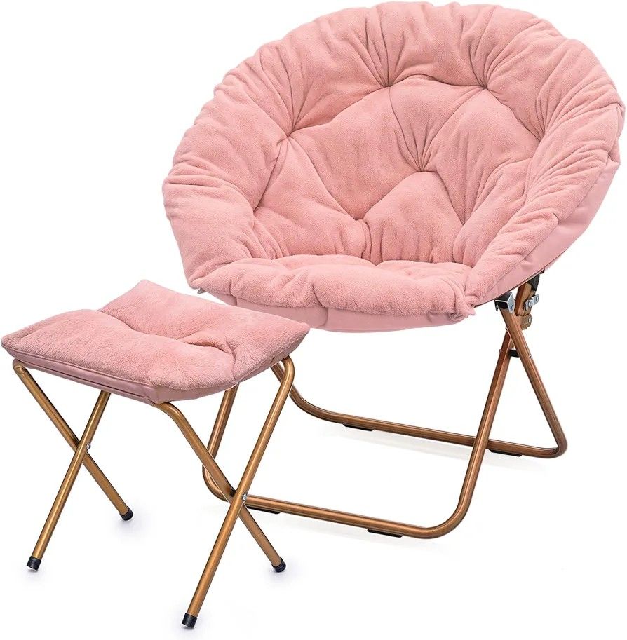 MoNiBloom Round Folding Faux Fur Saucer Chair for Bedroom Living Room Dorm Foldable Metal Frame Oversized Large Comfy Furry Padded Soft Cozy Moon Chai