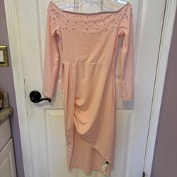 Peach Off Shoulder Long Sleeve Dress With Pearls 