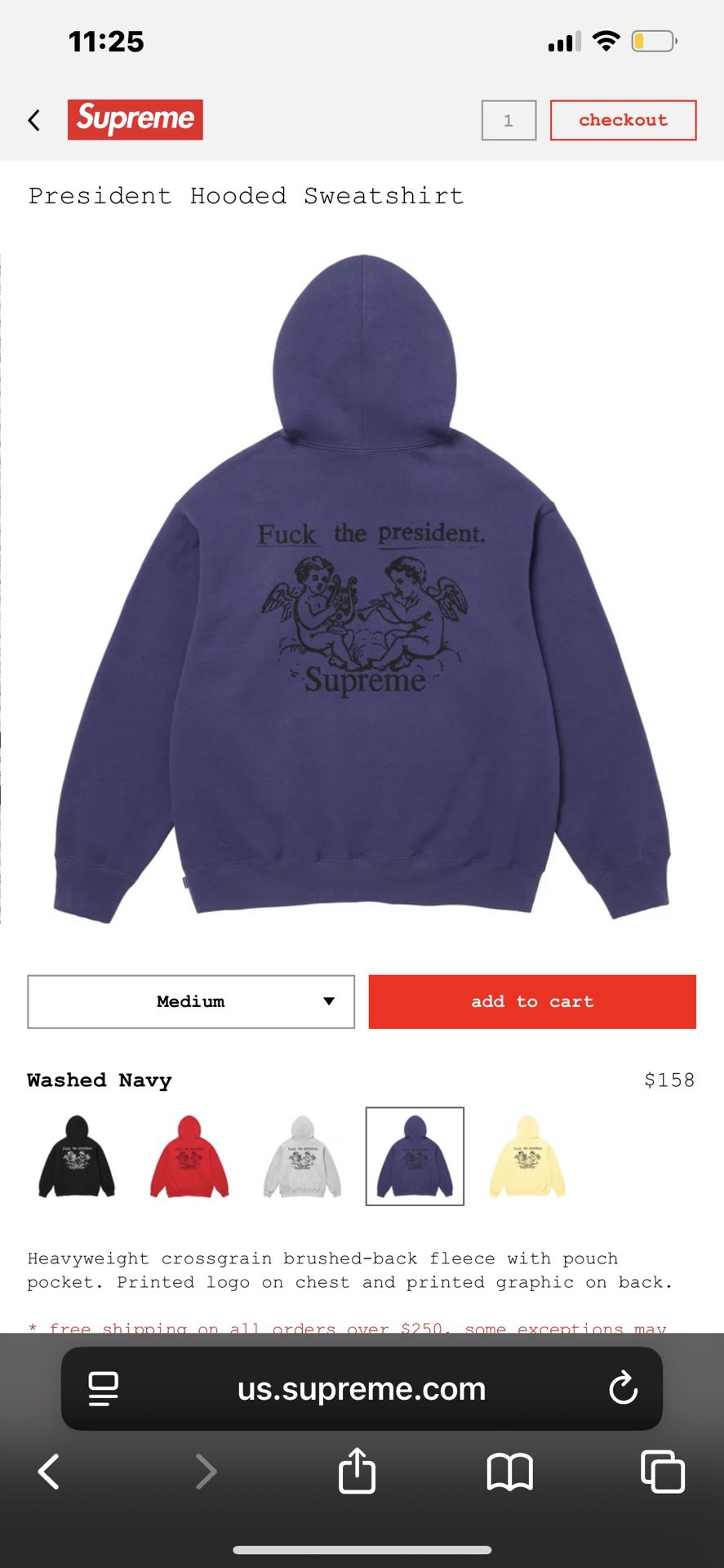 Supreme Washed Navy President Hoodie Size L