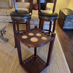 Pool Cue Holder/Table And 2 Bar Stools
