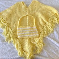 70’s Yellow Poncho With Yellow And White Striped Matching Shoulder Bag Purse