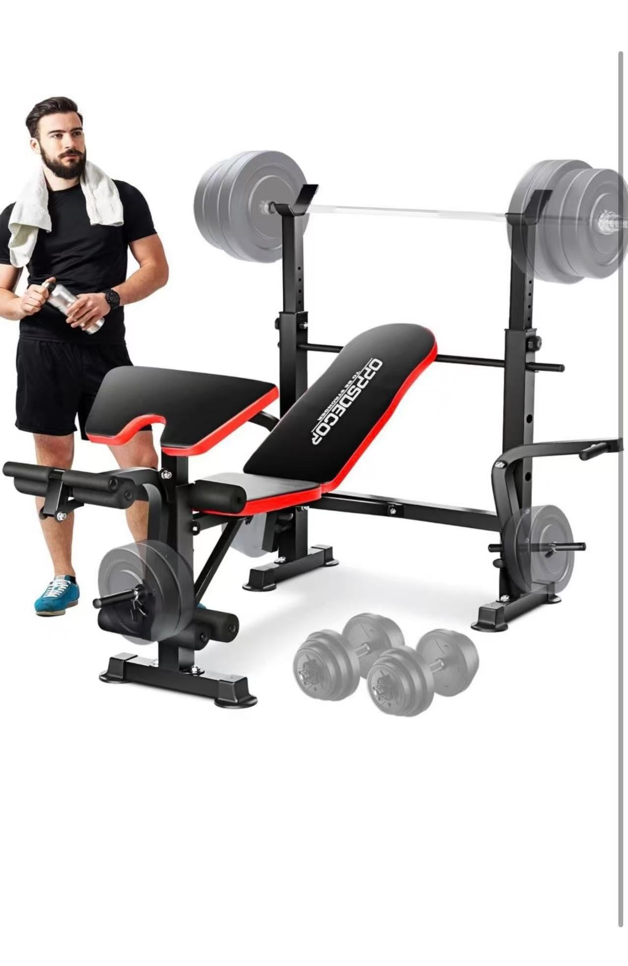 OPPSDECOR 6 in 1 660lbs Weight Bench with Leg Extension and Leg Curl, Foldable Bench Press Set and Squat Barbell Rack with Preacher Curl, Adjustable W