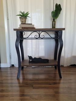 Wood & Black Metal Scroll Console Side Table