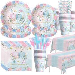 Pumpkin Gender Reveal Decorations, Little Pumpkin He Or She Gender Reveal Party Supplies, Plate, Cup, Napkin, Tablecloth, Cutlery, Pumpkin Thanksgivin