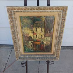 Antique framed European street scene oil on board painting signed Abruzzi
