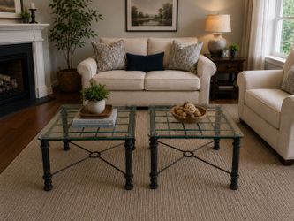 Modern Glass Coffee Table Set Designer Style Accent Tables • Metal Base • Thick Glass Tops