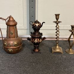 4 Pieces, Copper & Brass Kettle, Miniature Samovar With Teapot, Swirl Candleholder, Barley Twist Candle Holder.  All 4 Just $65 Firm.   